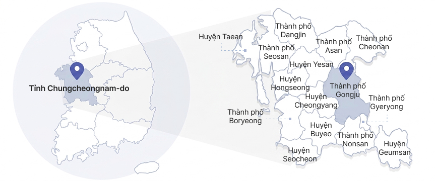 Gongju map - Tỉnh Chungcheongnam-do/Huyện Taean/Thành phố Seosan/Thành phố Dangjin/Huyện Hongseong/Huyện Yesan/Thành phố Asan/Thành phố Cheonan/Thành phố Boryeong/Huyện Cheongyang/Thành phố Gongju/Huyện Seocheon/Huyện Buyeo/Thành phố Nonsan/Thành phố Gyeryong/Huyện Geumsan 