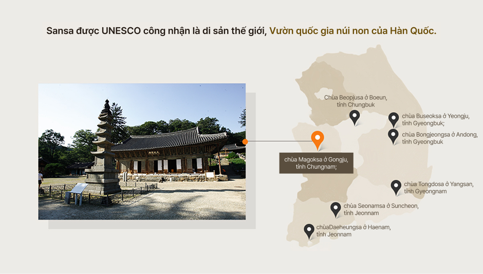 Chùa Beopjusa ở Boeun, tỉnh Chungbuk; chùa Buseoksa ở Yeongju, tỉnh Gyeongbuk; chùa Bongjeongsa ở Andong, tỉnh Gyeongbuk; chùa Magoksa ở Gongju, tỉnh Chungnam; chùa Tongdosa ở Yangsan, tỉnh Gyeongnam; chùa Seonamsa ở Suncheon, tỉnh Jeonnam; chùa Daeheungsa ở Haenam, tỉnh Jeonnam